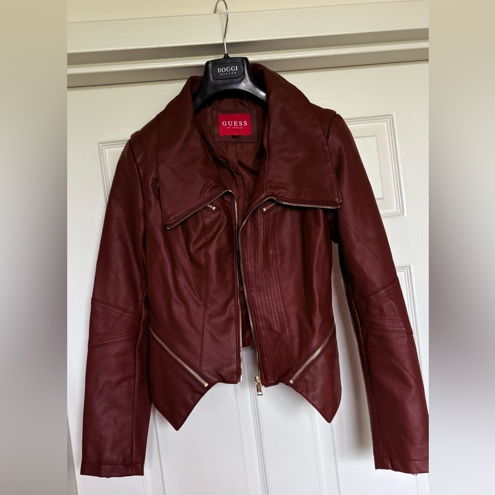 GUESS Women's Deep Burgundy Faux Leather Moto Jacket with Gold Hardware